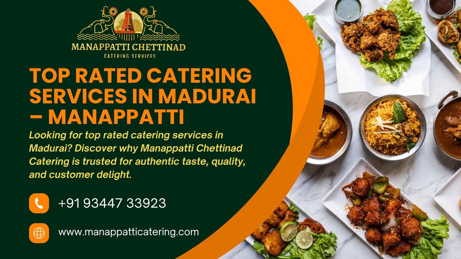 Banner showing Manappatti Chettinad Catering Services with contact details and a spread of Chettinad dishes
