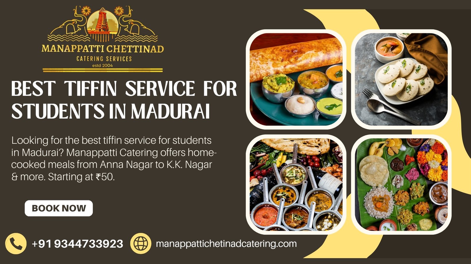 Banner showcasing best tiffin service for students in Madurai with home-cooked meals by Manappatti Chettinad Catering.