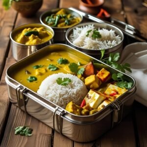 Stainless steel tiffin box filled with basmati rice, paneer curry, dal, and sabzi garnished with coriander