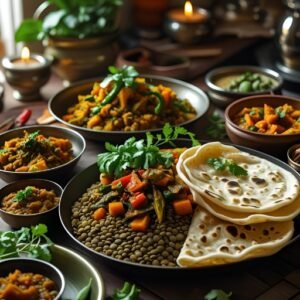Traditional North Indian thali with chapati, dal, and mixed vegetable curry served with sides